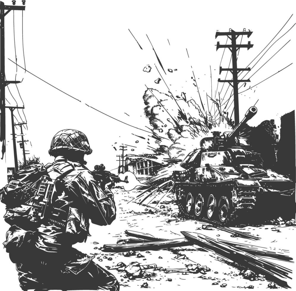 modern war situation with engraving style black color only vector
