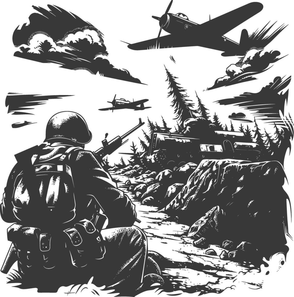 modern war situation with engraving style black color only vector