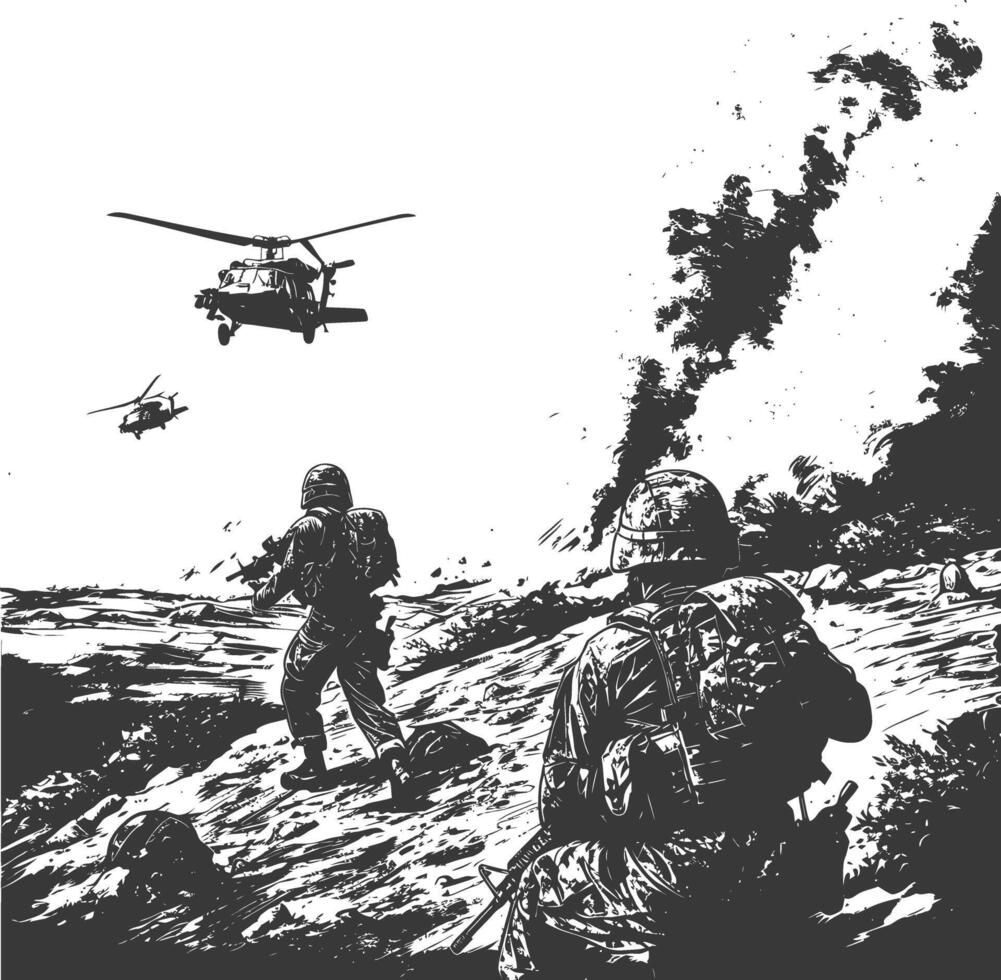 modern war situation with engraving style black color only vector