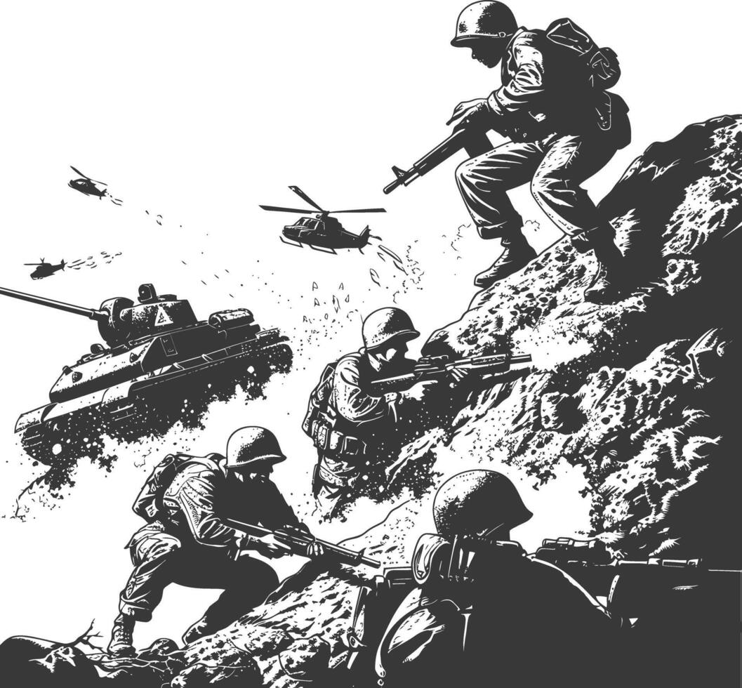 modern war situation with engraving style black color only vector