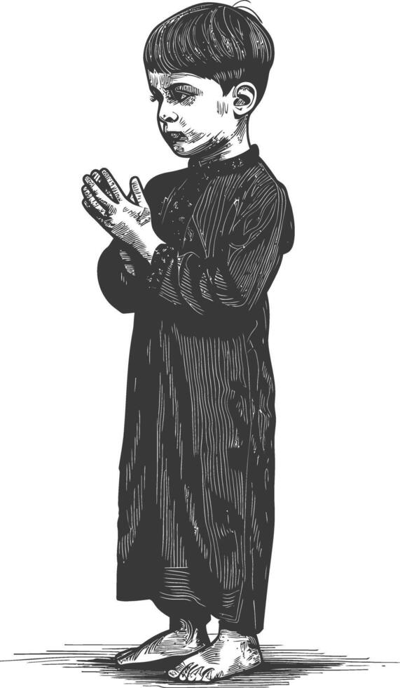 muslim little boy with engraving style black color only vector