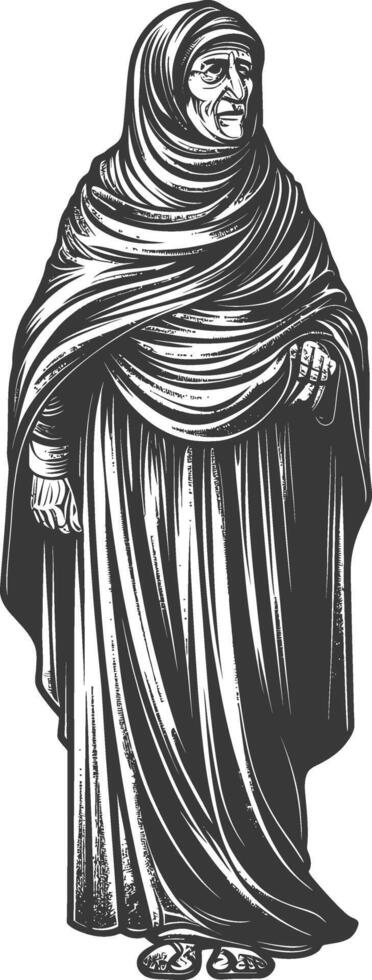 muslim elderly woman with engraving style black color only vector