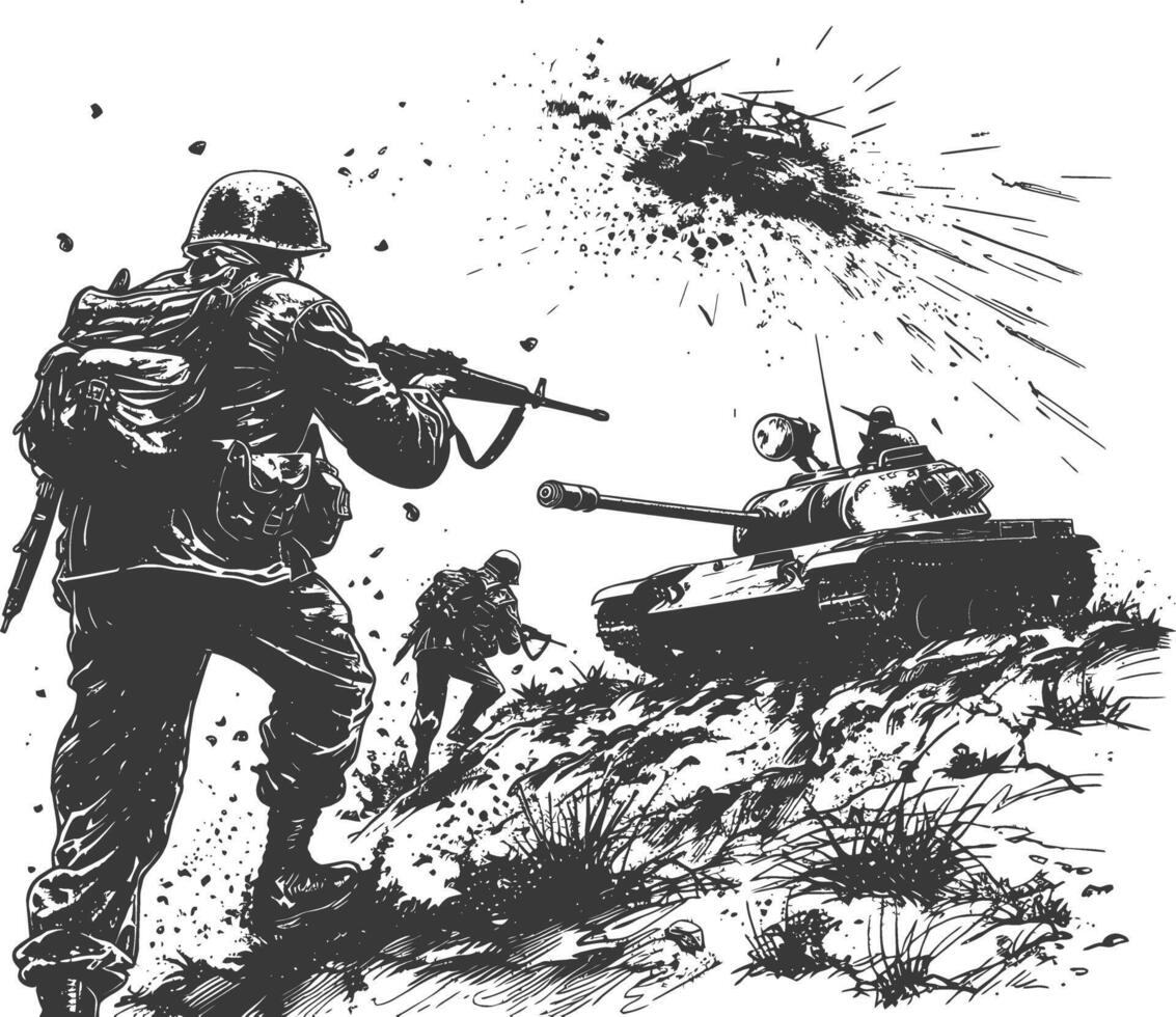modern war situation with engraving style black color only vector