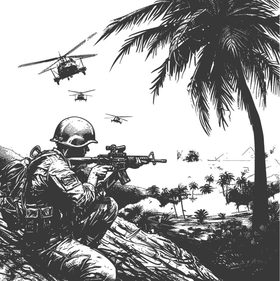 modern war situation with engraving style black color only vector