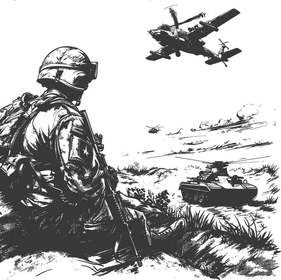 modern war situation with engraving style black color only vector