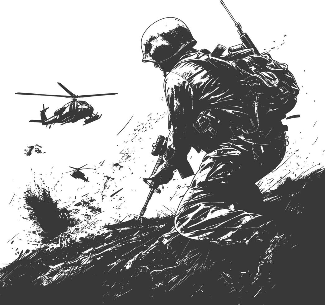 modern war situation with engraving style black color only vector