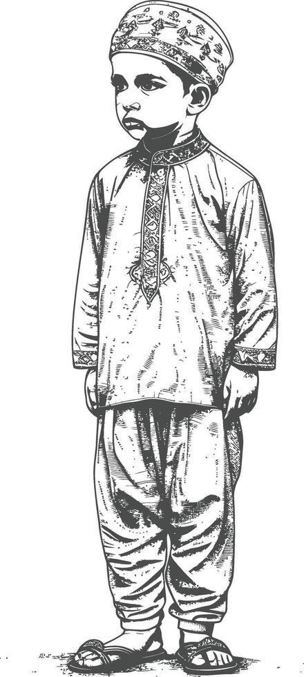 muslim little boy with engraving style black color only vector