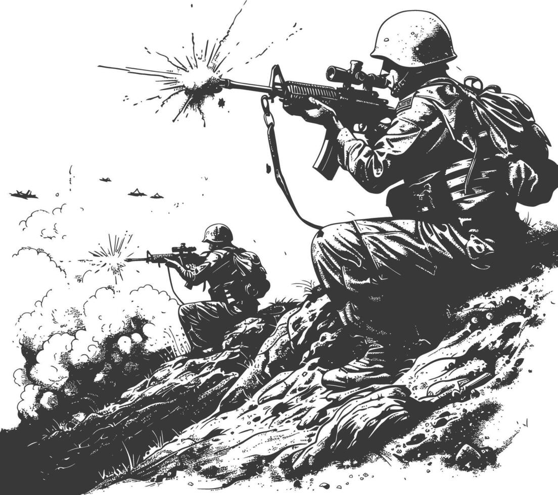 modern war situation with engraving style black color only vector