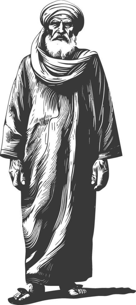 muslim elderly man body with engraving style black color only vector