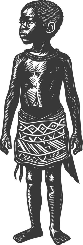 native African tribe little boy with engraving style black color only vector