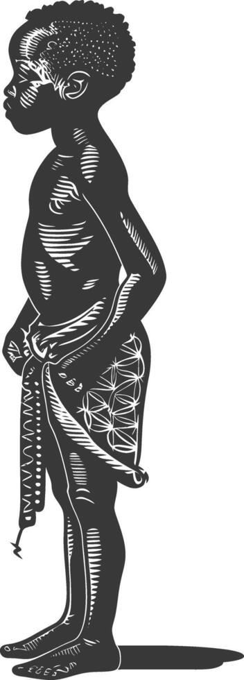 native African tribe little boy with engraving style black color only vector