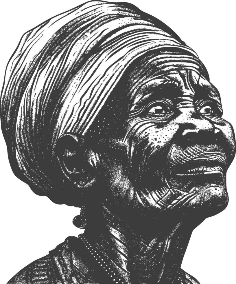 native African tribe elderly woman with engraving style black color only vector