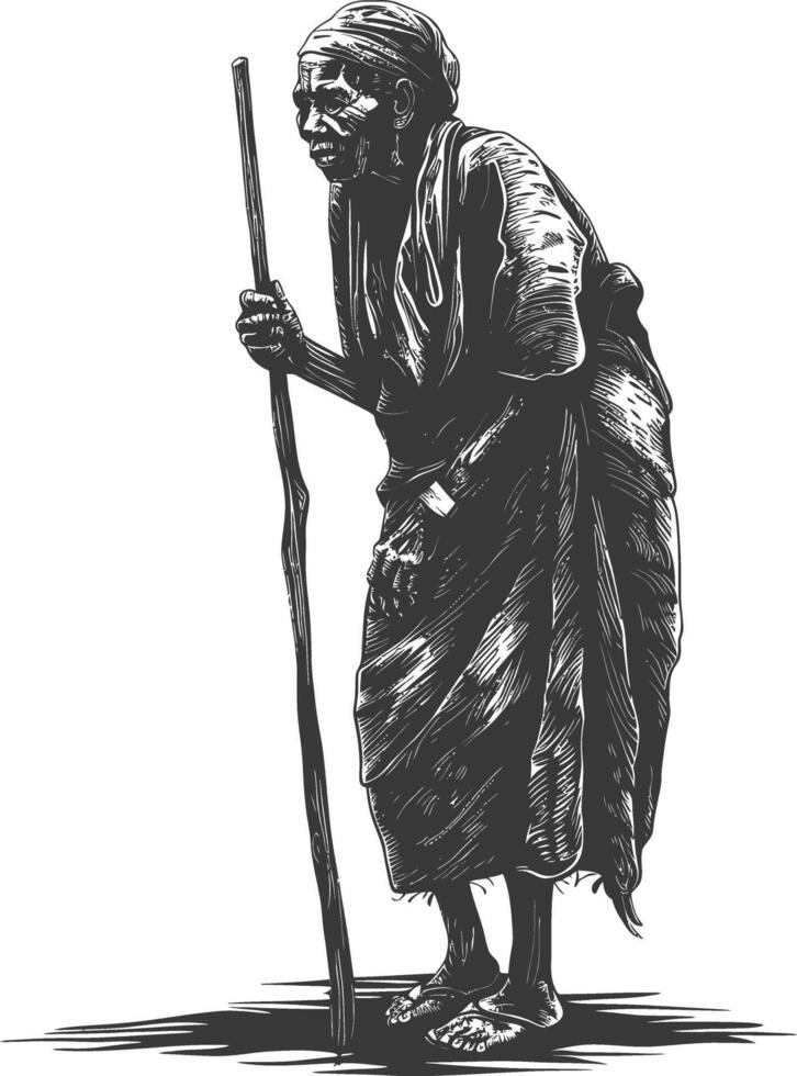 native African tribe elderly woman with engraving style black color only vector