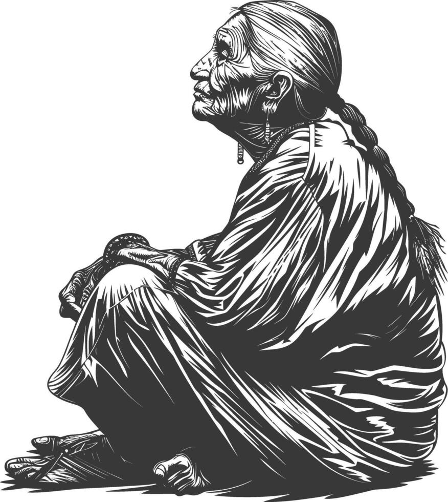 native american elderly woman with engraving style black color only vector