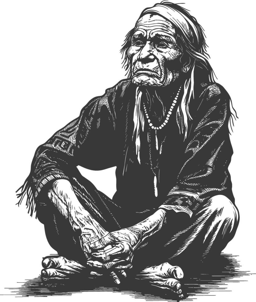 native american elderly man with engraving style black color only vector