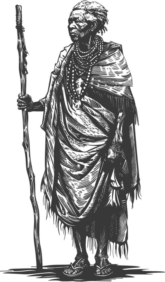 native African tribe elderly woman with engraving style black color only vector