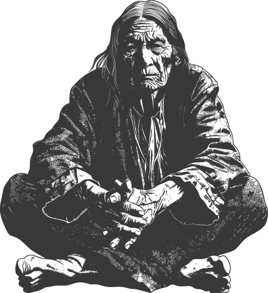 native american elderly man with engraving style black color only vector