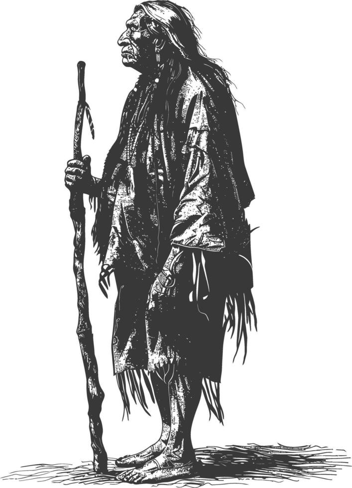 native american elderly man with engraving style black color only vector