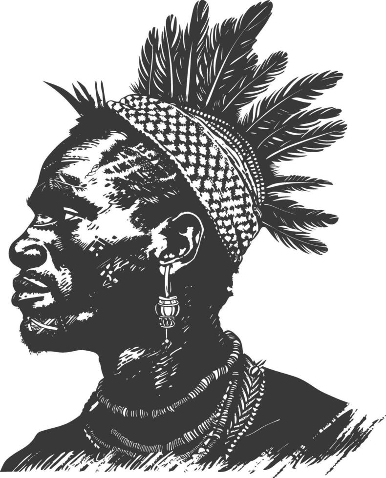 native African tribe man with engraving style black color only vector