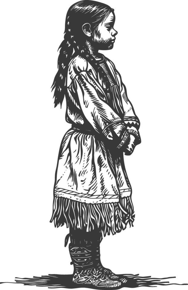 native american little girl with engraving style black color only vector