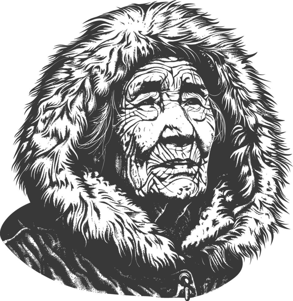 native arctic tribe elderly woman body with engraving style black color only vector