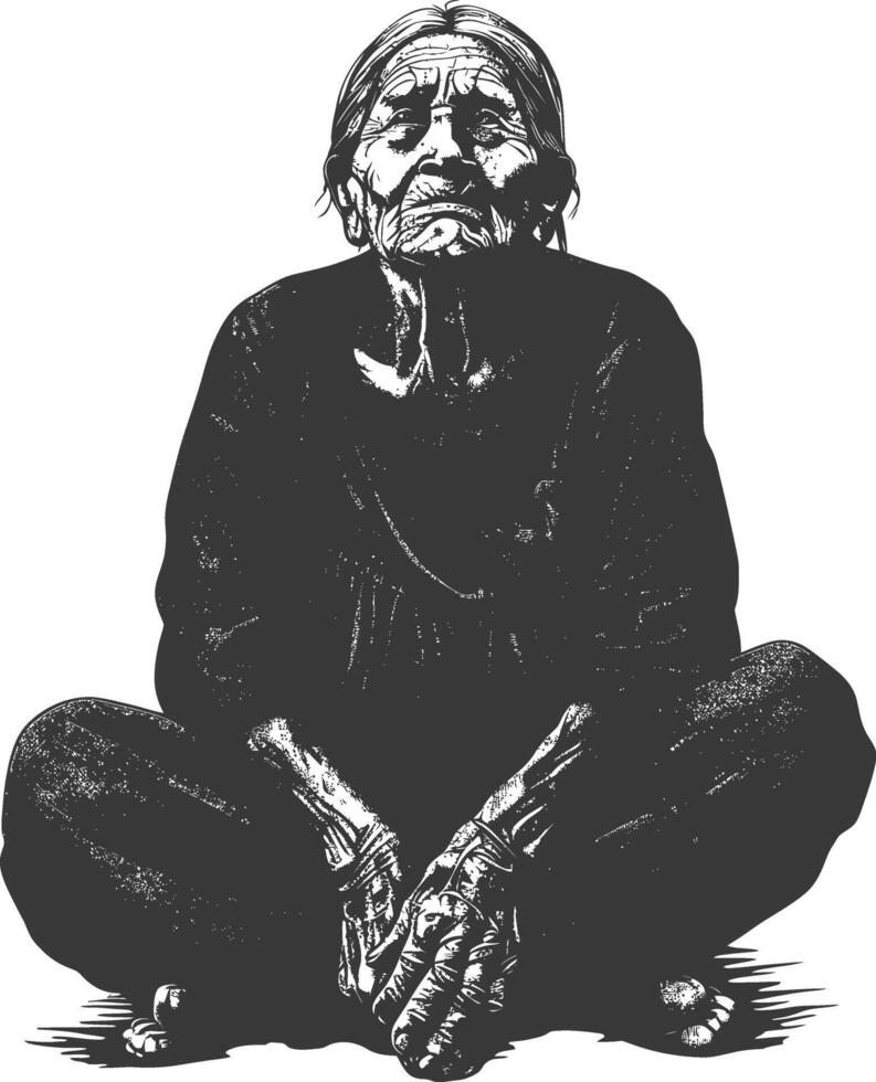 native american elderly woman with engraving style black color only vector