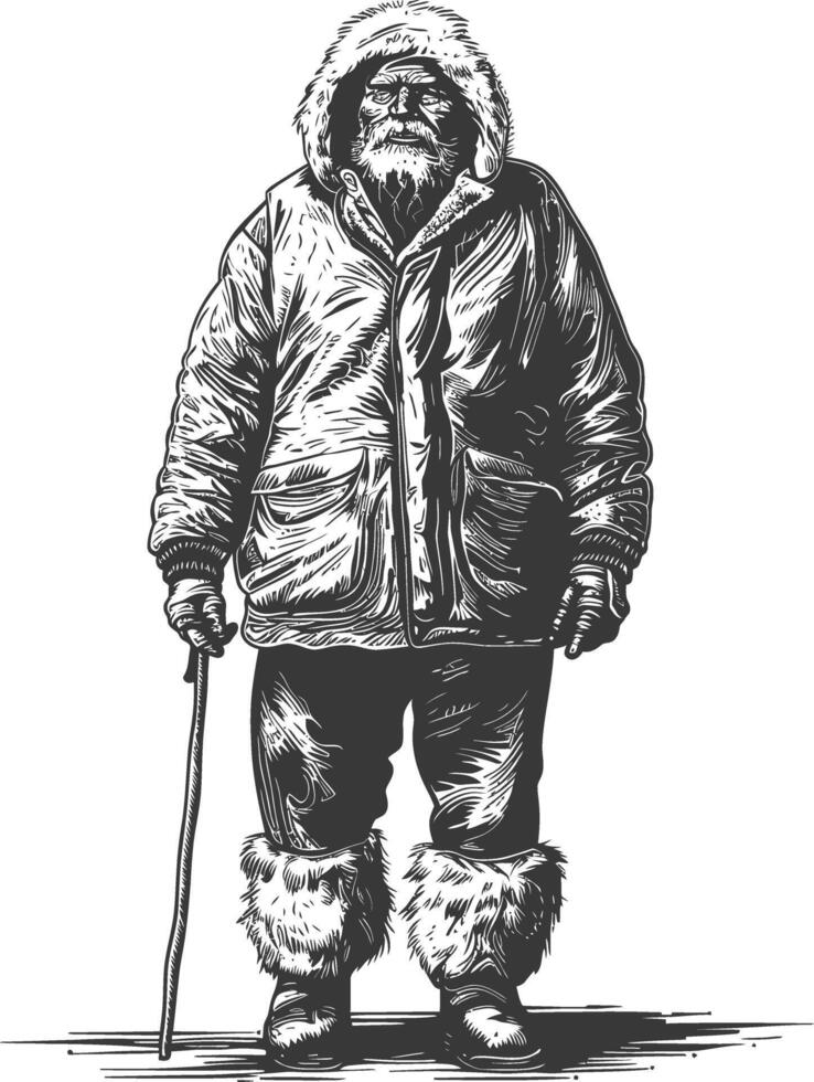 native arctic tribe elderly man with engraving style black color only vector