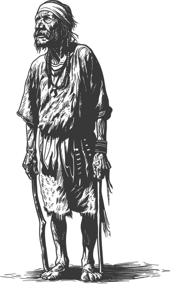 native american elderly man with engraving style black color only vector