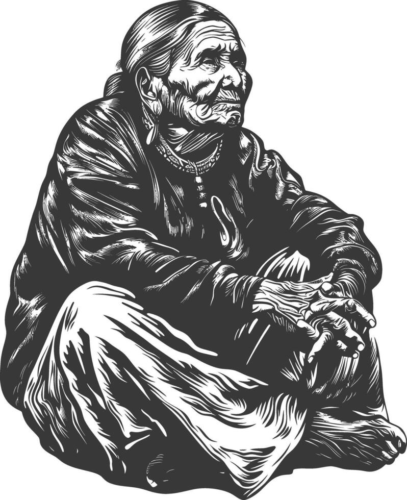 native american elderly woman with engraving style black color only vector