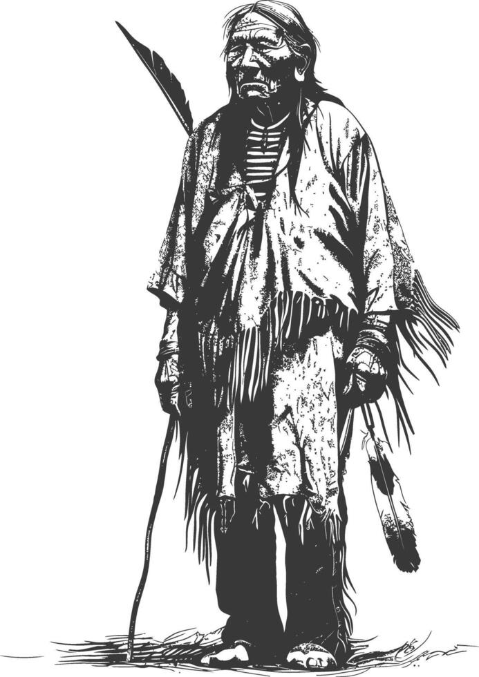 native american elderly man with engraving style black color only vector