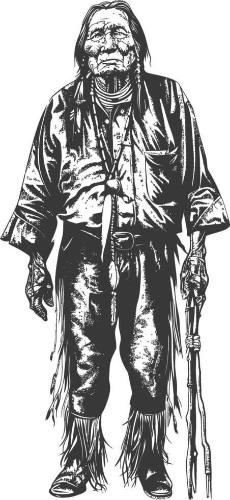 native american elderly man with engraving style black color only vector