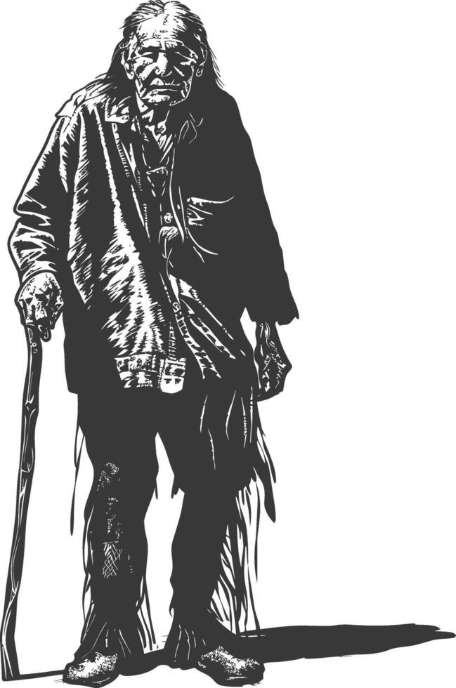 native american elderly man with engraving style black color only vector