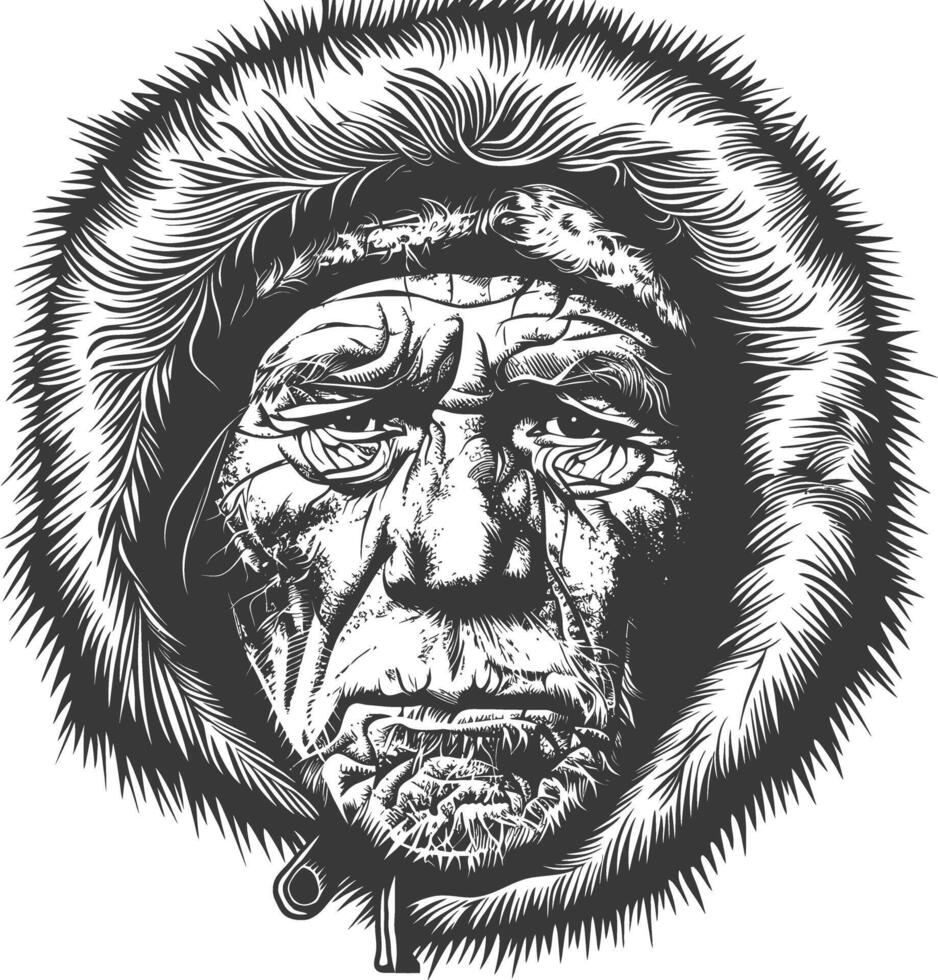 native arctic tribe elderly man body with engraving style black color only vector