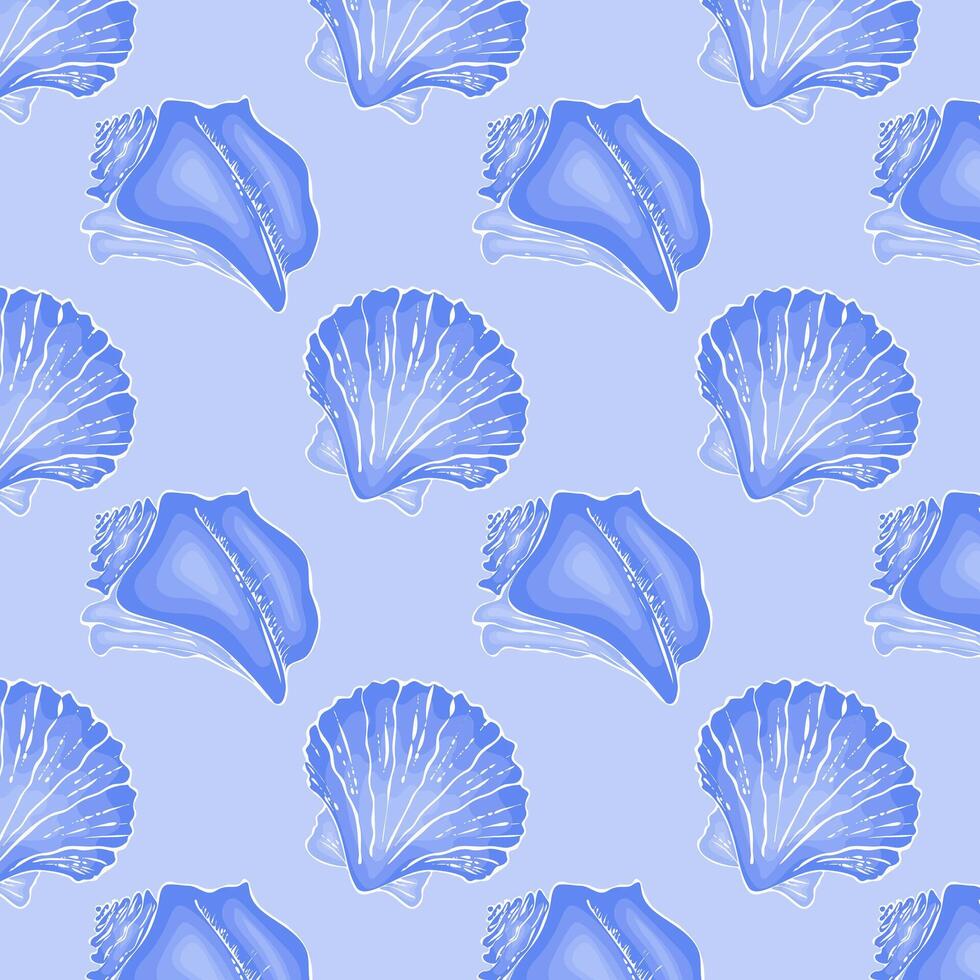 Marine pattern in blue. Ocean and sea design background with hand drawn seashells. vector
