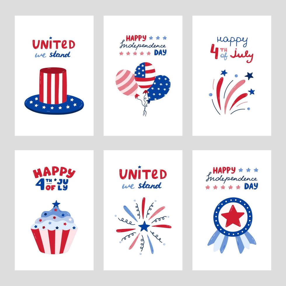 USA Independence day set of posters with hand drawn lettering and cartoon clipart. Cute national symbols of 4th July. Firework, star badge, balloon, Uncle Sam hat, cupcake in colors of American flag. vector
