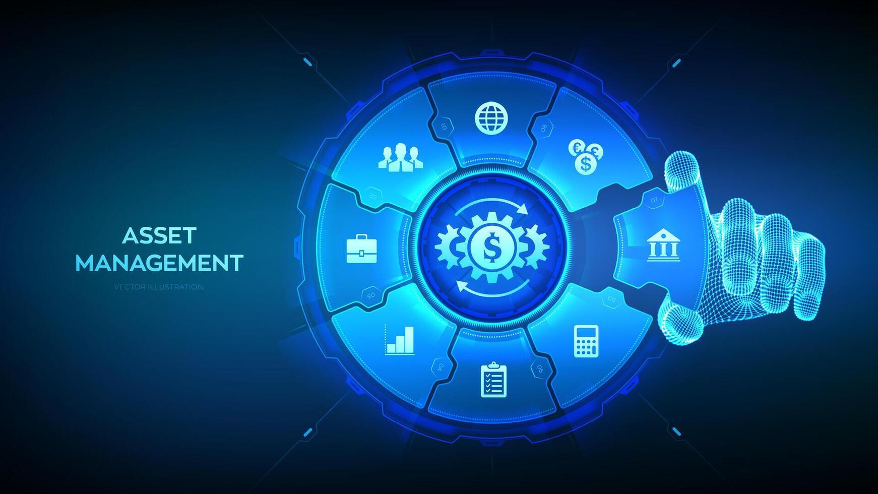 Asset management. Business investment banking payment technology concept on virutal screen. Wireframe hand places an element into a composition visualizing Asset management. illustration. vector