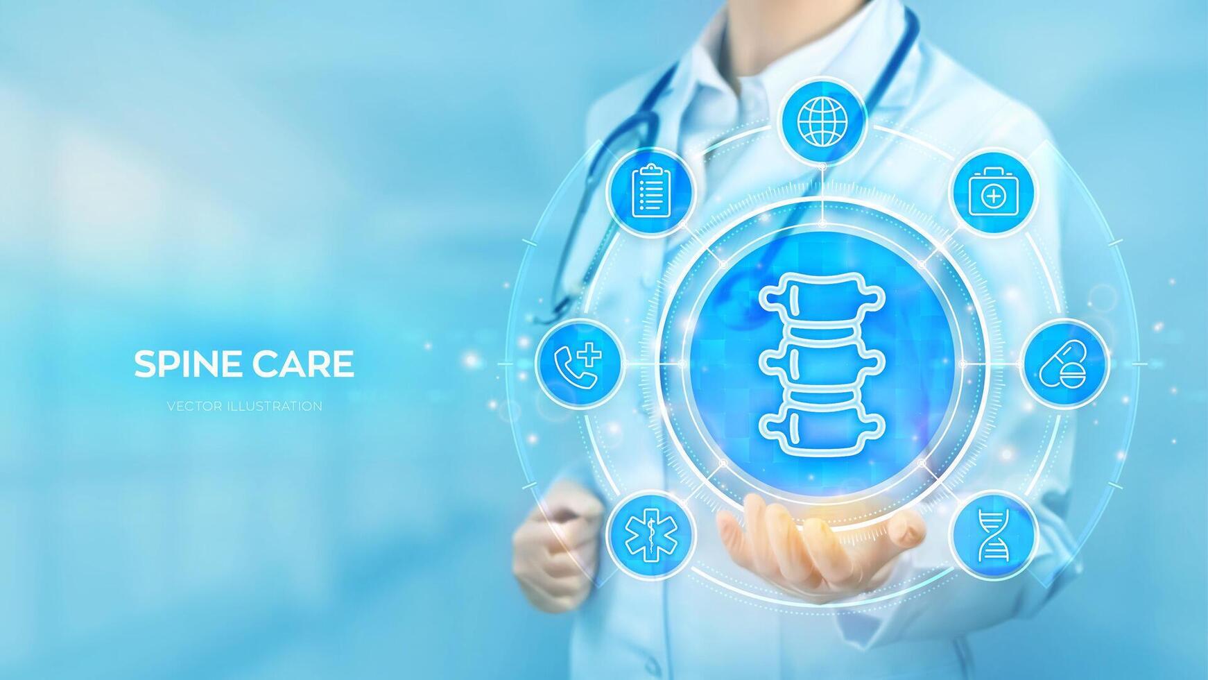 Spine care. Spine health. Back pain spine treatment, Physiotherapy, Diagnostics concept. Doctor holding in hand Spine icon and medical icons network connection on virtual screen. illustration. vector