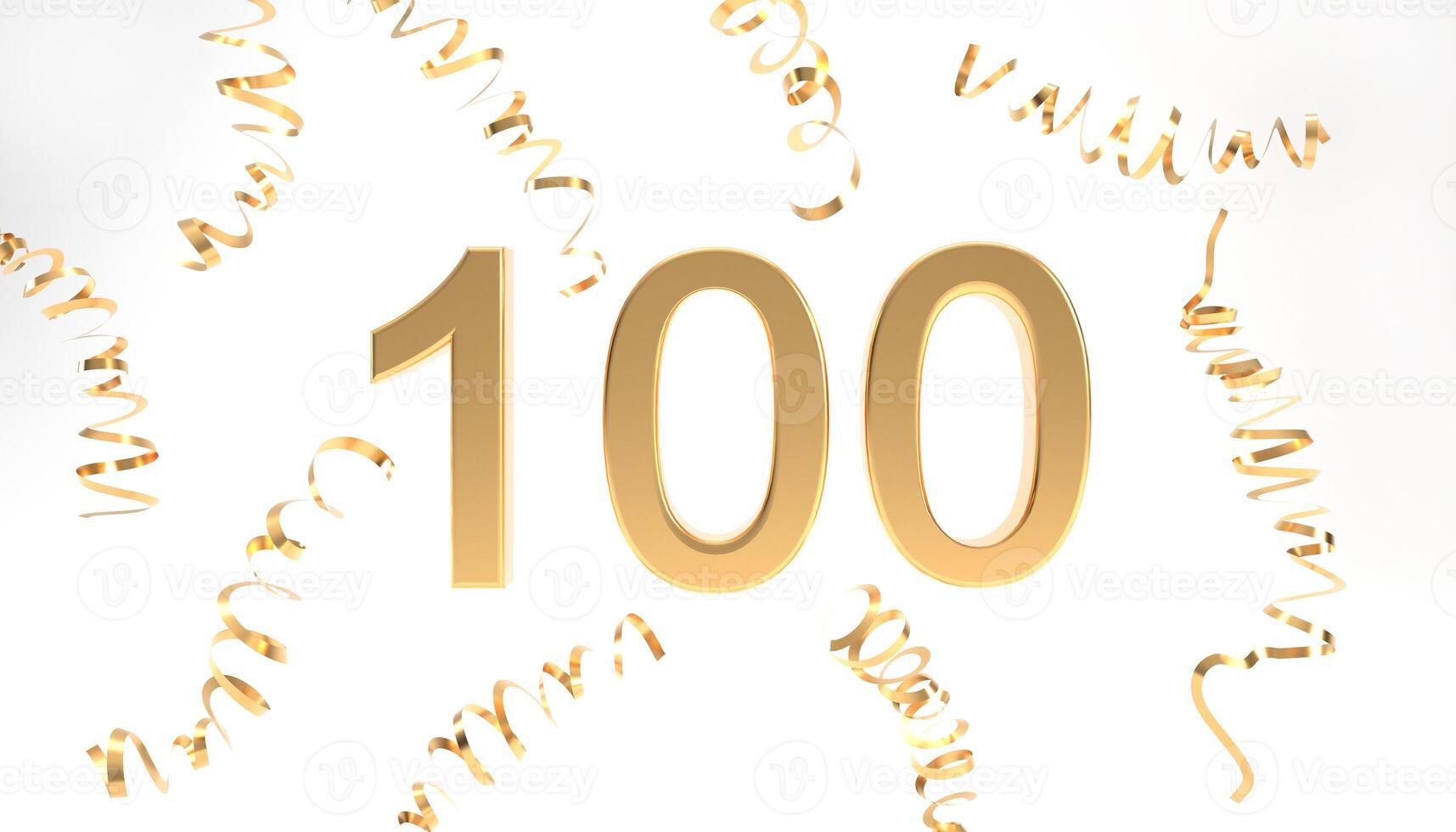 100 followers symbol with confetti 3d rendering. Gold 100 3d number illustration on white background. Celebration or thank you concept banner. photo