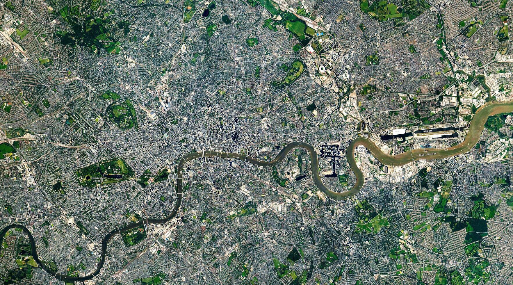 Top view of London, the Capital city from space, London map, Aerial view of Hyde Park, Buckingham Palace, Kensington Gardens, River Thames, grids. Elements of this image furnished by NASA. photo