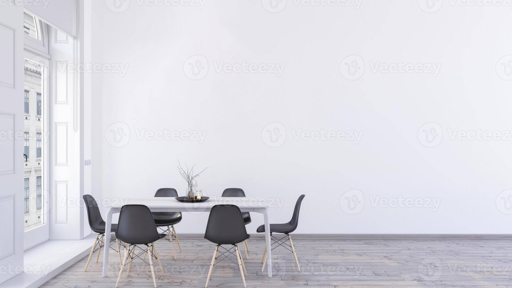 Minimalist elegant dining room. Empty modern white wall mockup in a dining room scene. 3d interior rendering, Scandanivian dining table and chairs with wooden floor. photo