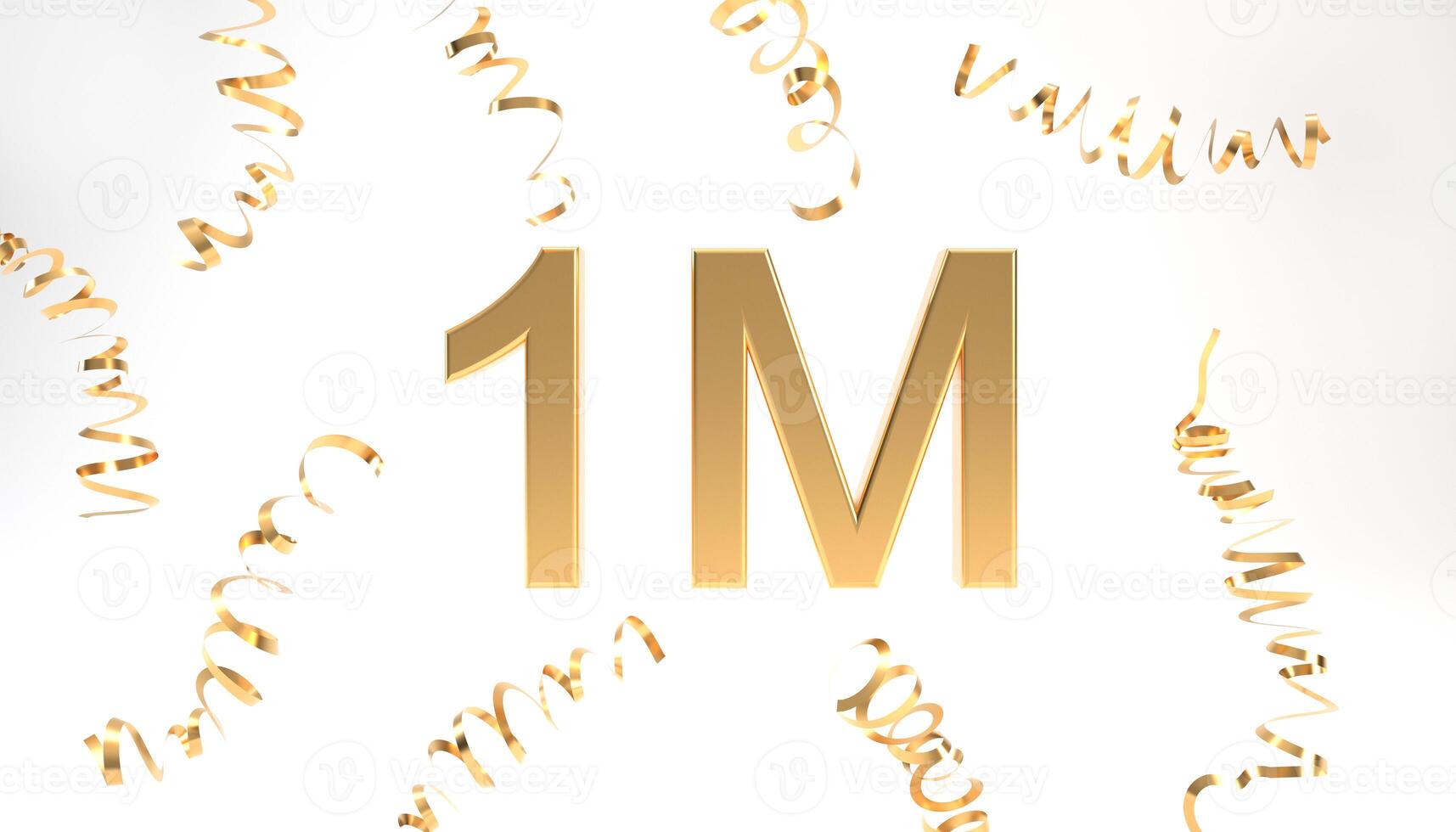 1M followers symbol with confetti 3d rendering. Gold 1M 3d number illustration on white background. Celebration or thank you concept banner. photo