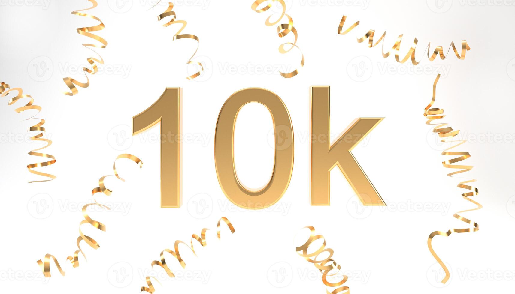 10k followers symbol with confetti 3d rendering. Gold 10k 3d number illustration on white background. Celebration or thank you concept banner. photo