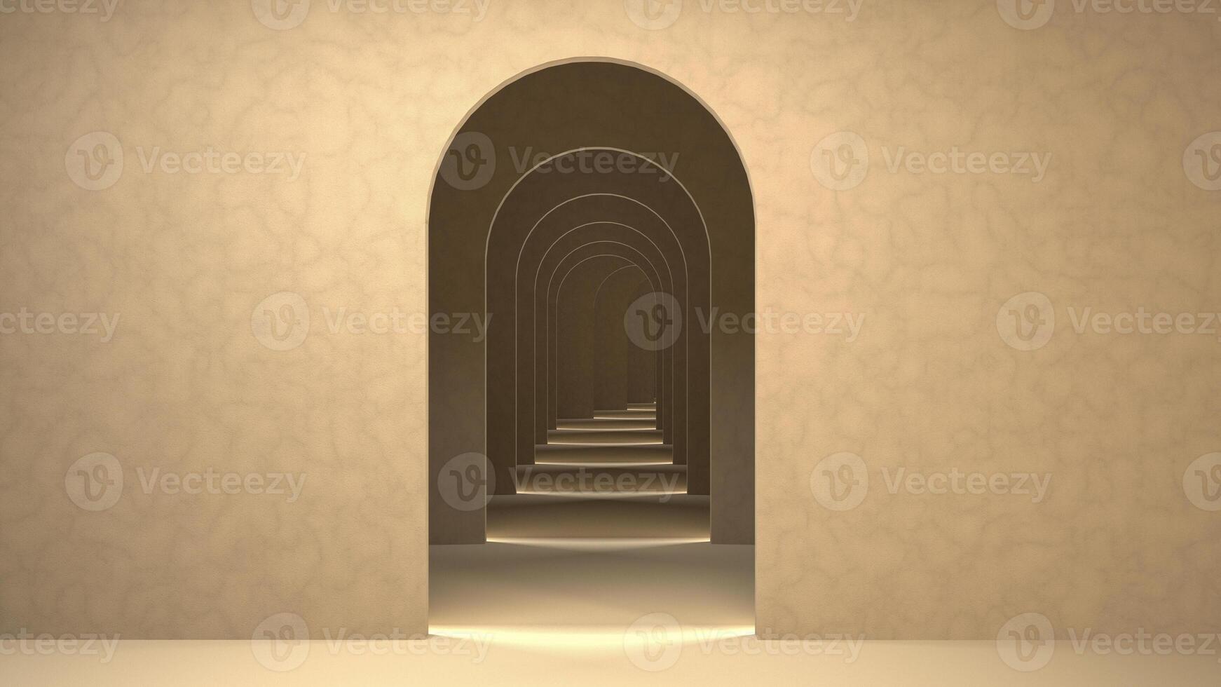 3d Abstract Surreal Render, Arch Tunnel Scene Background, Sand Color Pastel Tones Archs for Product Display. Studio rendering illustration. photo