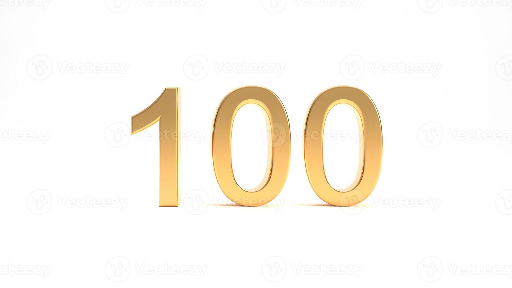 100 followers symbol 3d rendering. Gold 100 3d number illustration on white background. Celebration or thank you concept banner. photo