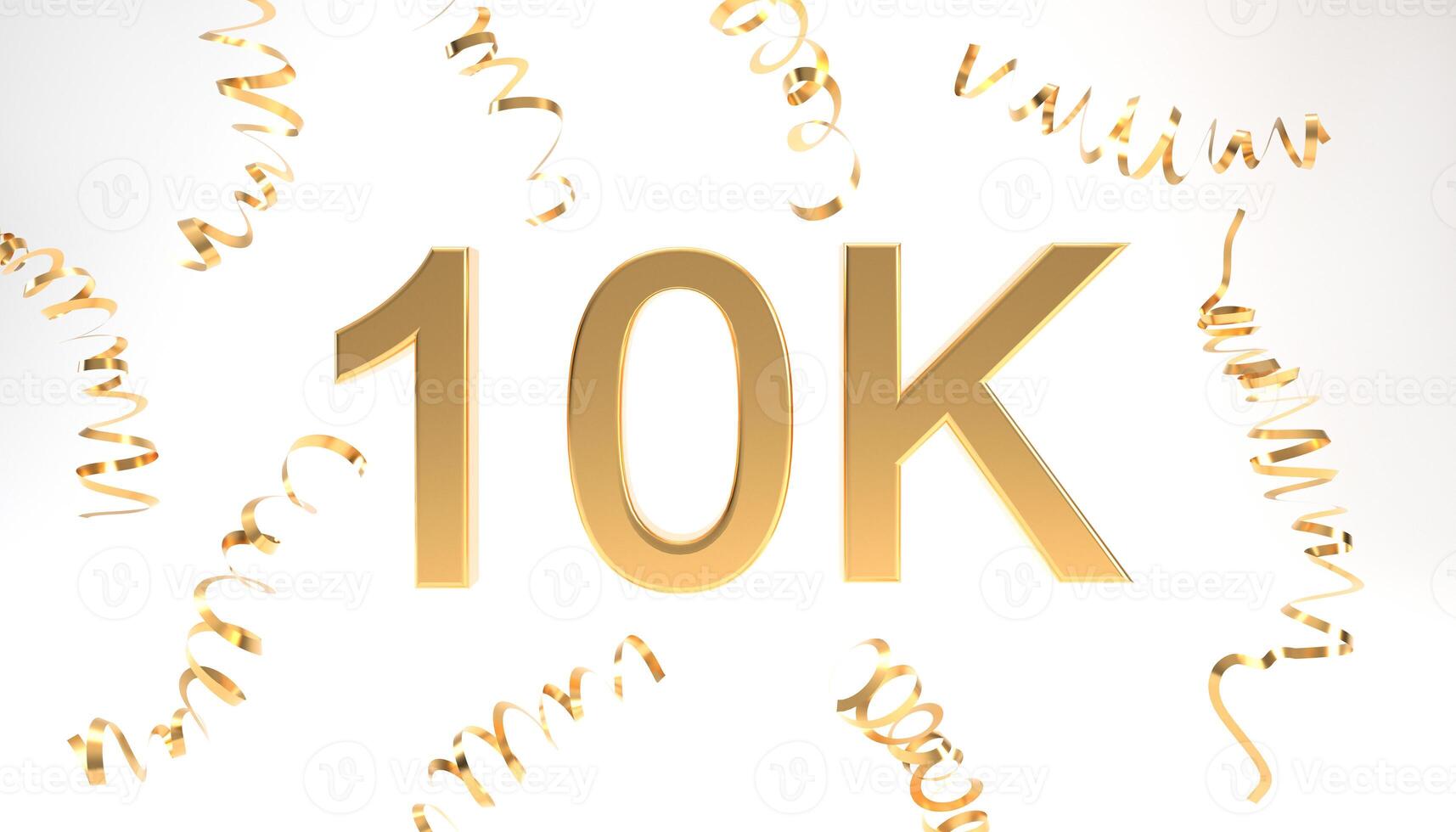 10K followers symbol with confetti 3d rendering. Gold 10K 3d number illustration on white background. Celebration or thank you concept banner. photo