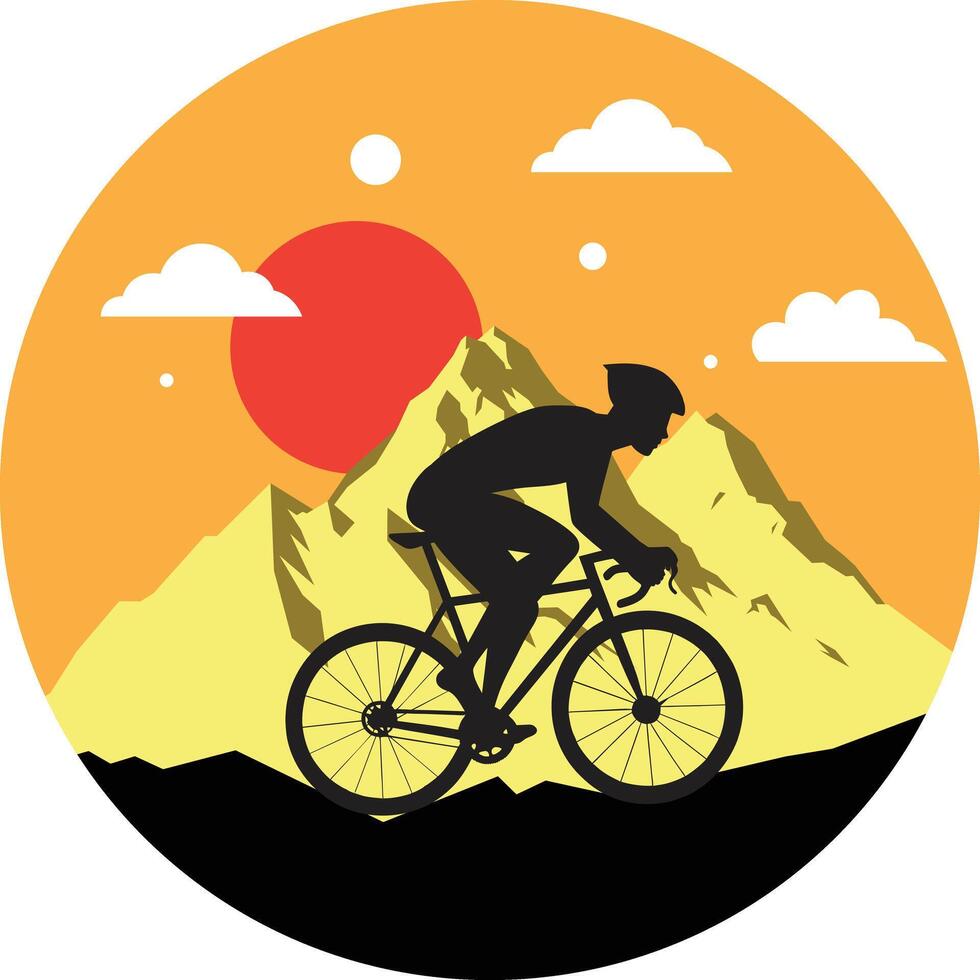 Cycling on the Road of Mountains at Sunset time. vector