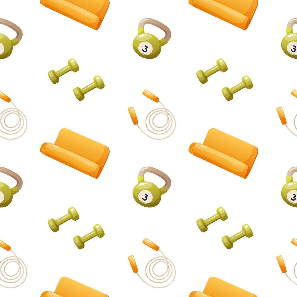 Seamless pattern on a white background with dumbbells, kettlebell, jump rope and sports mat. Fitness equipment. Illustration for wallpaper, textiles, packaging on the theme of a healthy lifestyle. vector