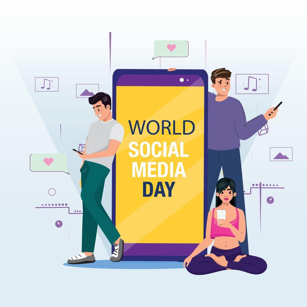 Illustration celebrating World Social Media Day. Three diverse individuals engaging with their smartphones, surrounded by social media icons vector