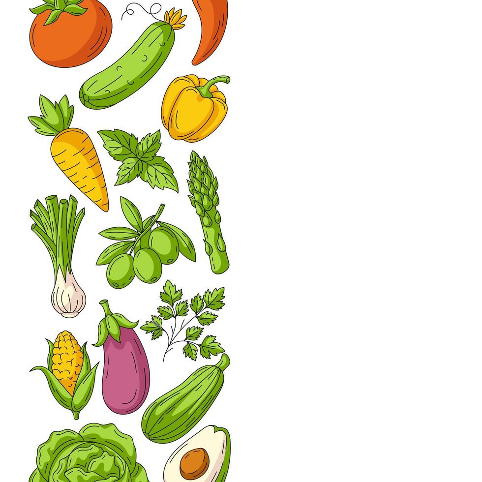 Fresh and healthy farm vegetables, colorful square poster, veggies icons left border frame. Space for text, isolated background. For card, poster, menu, cover, social media. Organic vegan food vector