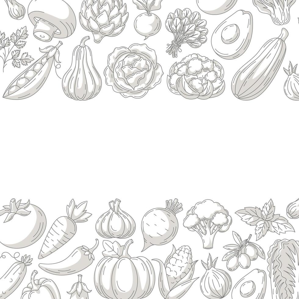 Fresh and healthy farm vegetables, minimalist square poster, veggies monochrome icons border frame. Space for text, isolated background. Organic product. For poster, menu, cover, social media vector